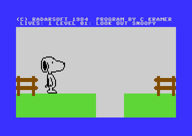 Juego Snoopy de Radarsoft 1984 en Commodore 64 — pantalla de título Look Out Snoopy